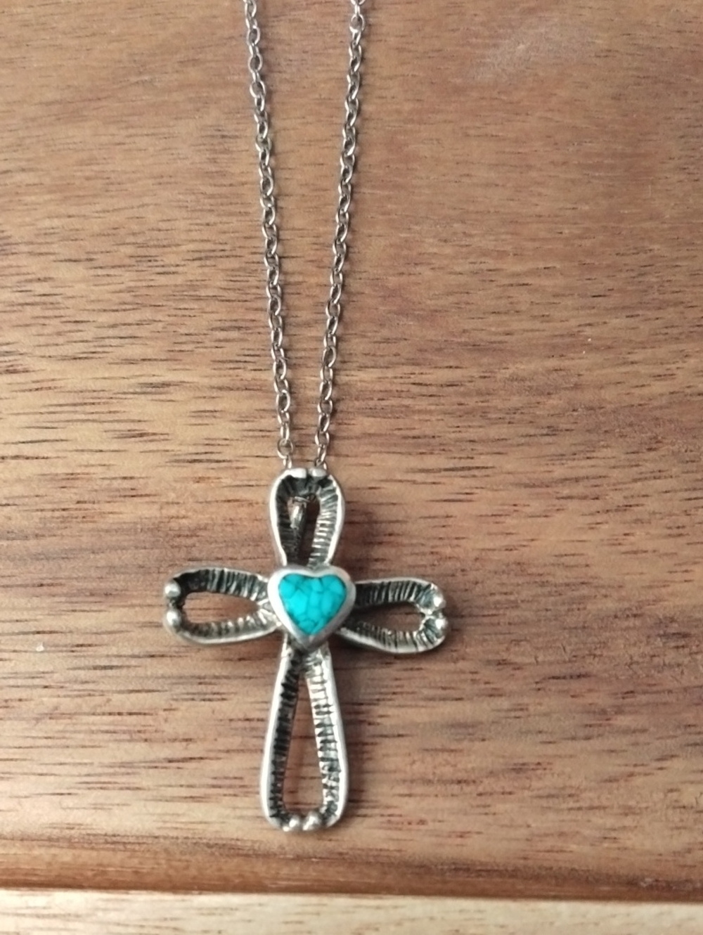 Turquoise Heart Cross Pendant Necklace - Silver Tone